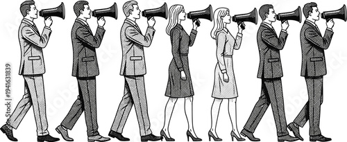 Group of professional business people walking in line holding megaphones for corporate communication marketing announcement and public speaking leadership concept vector