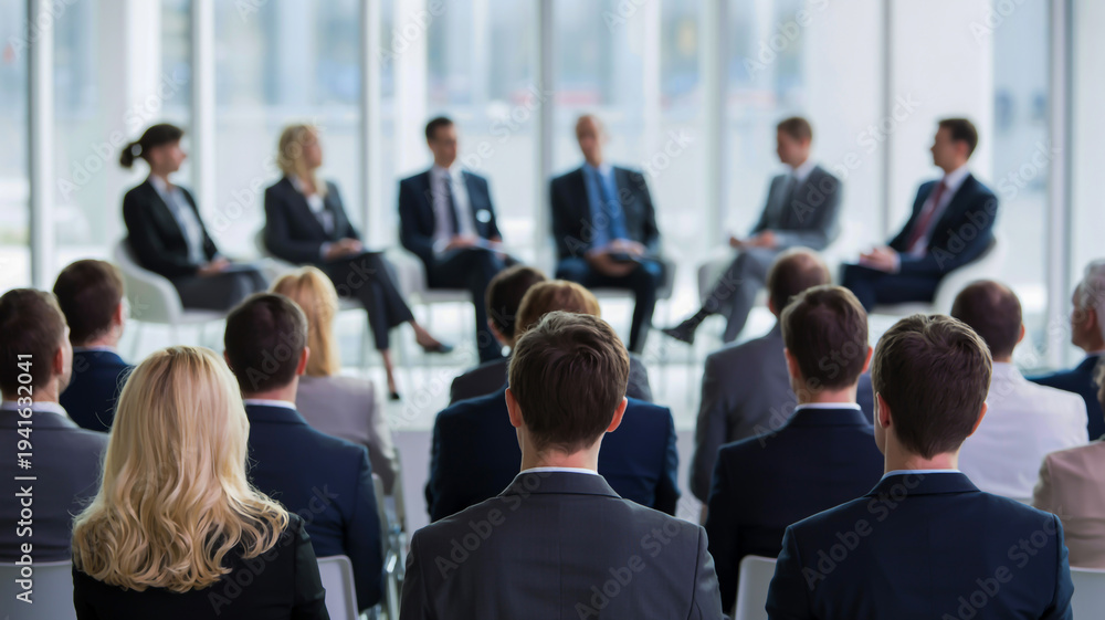 Obraz premium Professional group discussion in a modern office setting with glass windows