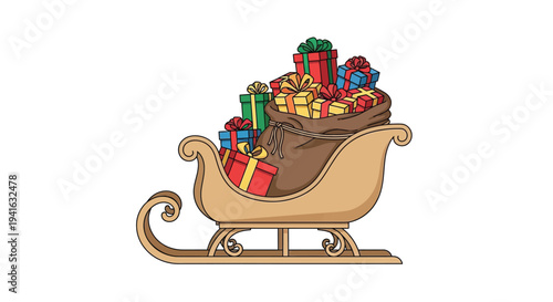 A colorful illustration of a sleigh overflowing with beautifully wrapped gifts