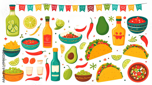 Mexican Food Vector Set with Tequila, Tacos, Nachos, Guacamole, Avocado and Hot Sauce