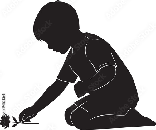 Little boy silhouette illustration of child picking flower vector on transparent background