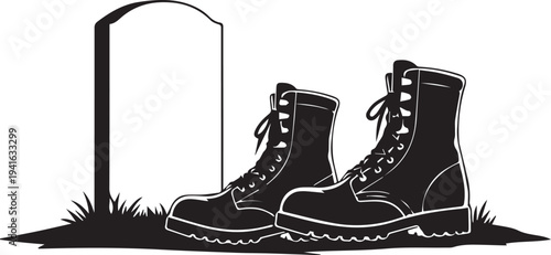 Military boots silhouette illustration by tombstone memorial vector on transparent background