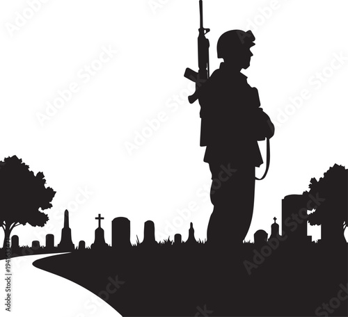 Soldier silhouette illustration standing in cemetery with rifle vector on transparent background