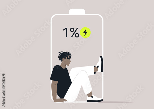 A character representing low energy status sits inside a large battery outline, They appear tired and overwhelmed, symbolizing the burnout and life's demands