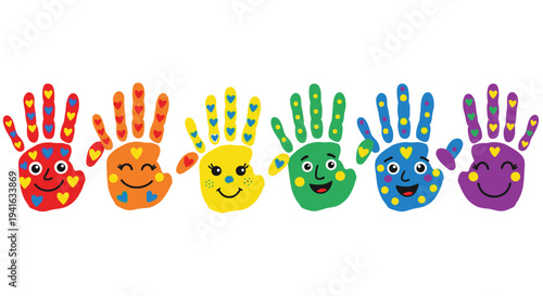 Colorful handprints with smiling faces representing diversity and inclusion
