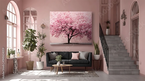 A cozy living room with a large pink tree painting and a staircase