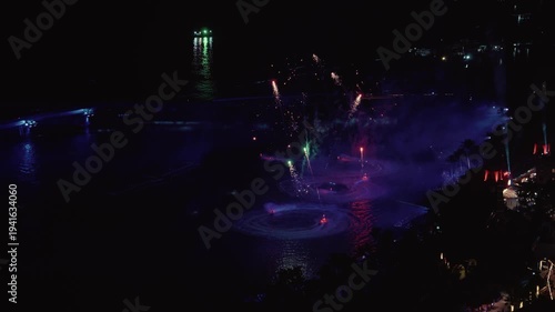 Night fireworks and fountain performance over river