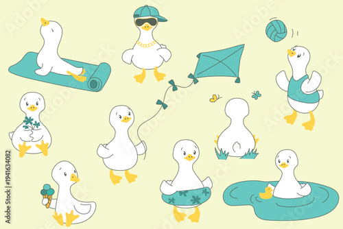 Funny White Goose Character Summer Collection, Cute Geese Doing Yoga Playing Volleyball and Flying Kite Outdoors
