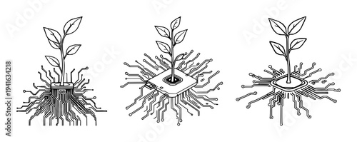 Plant sprout growing from circuit board set with continuous line art featuring sustainable technology, growth, nature with digital and innovation on white background