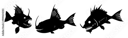 Anglerfish set with solid black silhouette featuring glowing lure, jagged teeth, deep sea with high contrast and white background