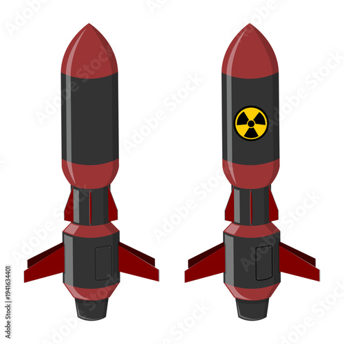 Nuclear ballistic missile vector set, red and black rocket icons with radiation symbol for military defense, war technology, and atomic weapon concepts, flat design style.