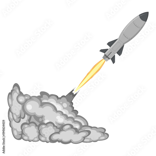 An illustration of a ballistic missile launching with a fire flame and grey smoke trail, the rocket flies upward on a white background, perfect for military and technology concepts, flat vector.