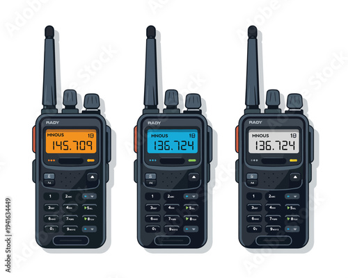 Walkie talkie radio devices illustration, group of assorted portable two way radio models representing handheld transceivers for wireless communication and security use.