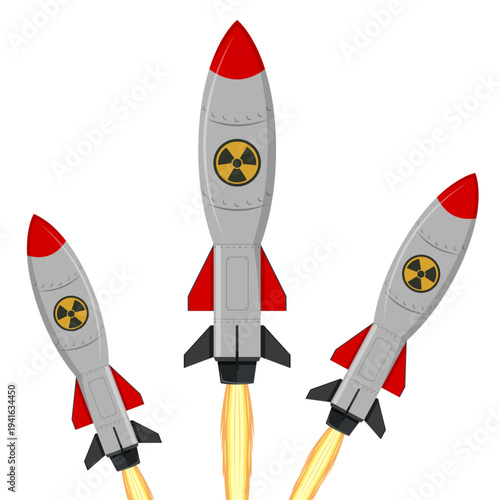 Set of gray nuclear missiles launching with fire trails and radiation symbols, ballistic rocket propulsion for military defense and atomic warfare technology, flat vector design style.