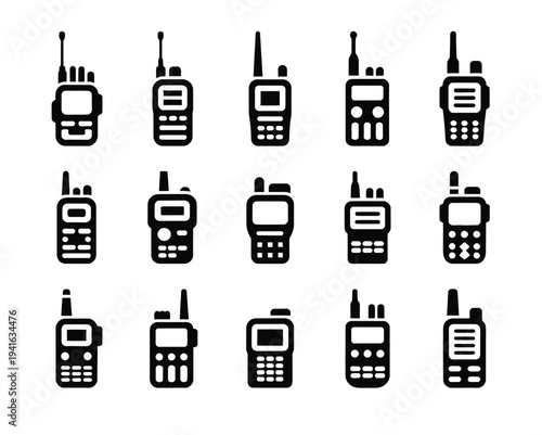 Walkie talkie radio devices illustration, collection of portable two-way handheld transceivers for communication, emergency services security and outdoor coordination.