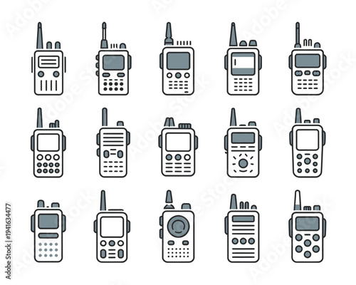 Walkie talkie radio devices illustration, collection of portable two-way handheld transceivers for communication, emergency services, security, and outdoor coordination.