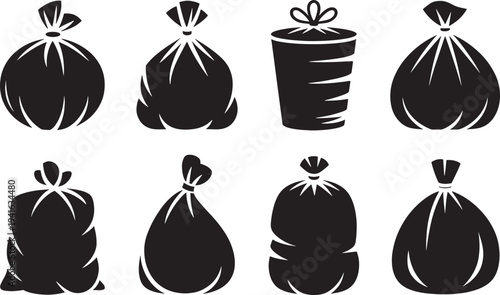 Collection of black garbage bags and trash icons on transparent background vector illustration
