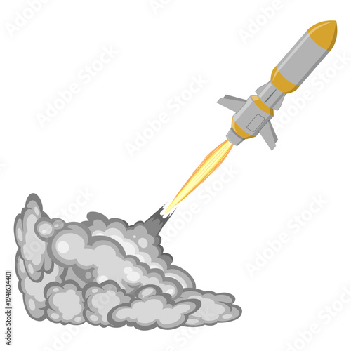 Illustration of a modern ballistic missile launching with a fire flame and grey smoke trail, the rocket flies upward on a white background, perfect for military and technology concepts, flat vector.