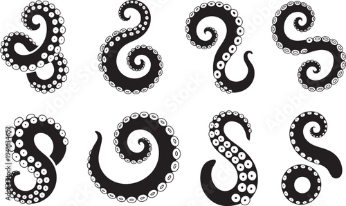 Octopus tentacles collection in spiral shapes on transparent background vector illustration
