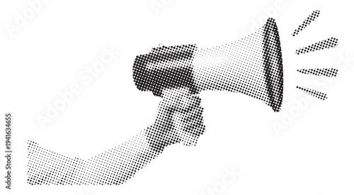 Hand Holding Megaphone Announcing Loudly, Retro Halftone Style, Public Announcement and Promotion Concept