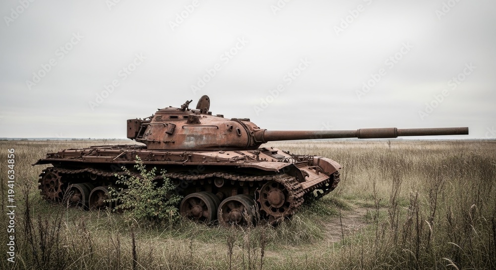 Fototapeta premium Rusty Abandoned Tank in Overgrown Field