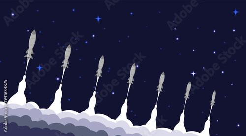 Multiple rockets launch into the starry night sky, trailing white smoke clouds, a sleek vector illustration. Flat design style.