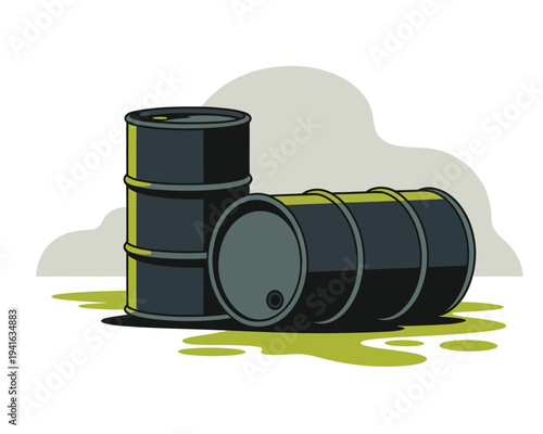 Hazardous waste spill illustration, toxic green liquid leaking from overturned industrial barrel representing chemical leak environmental danger and industrial safety failure.