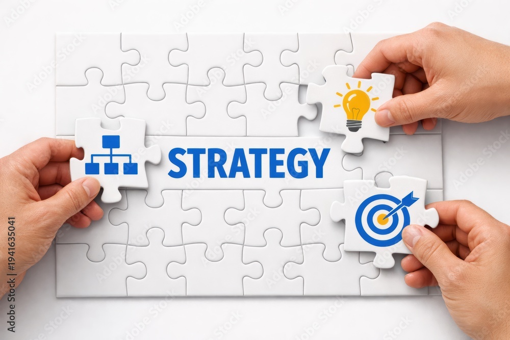 Obraz premium Strategic Vision: The image shows a set of hands meticulously assembling a puzzle that spells out the word strategy. The assembled pieces represent a cohesive plan.