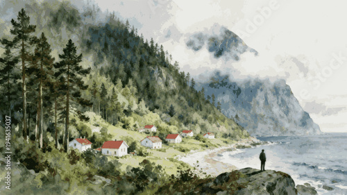 High Tide Hill Coastal Mountain Village isolated watercolor vector illustration svg