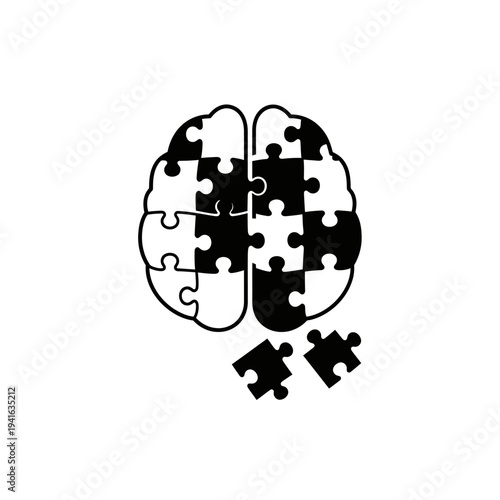 Brain Puzzle Concept: Interlocking Pieces Forming a Human Head Silhouette