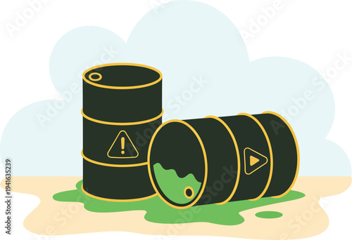 Εκτύπωση καμβά Hazardous waste spill illustration, spilled chemicals from damaged industrial drum with toxic liquid representing environmental pollution hazard and safety risk