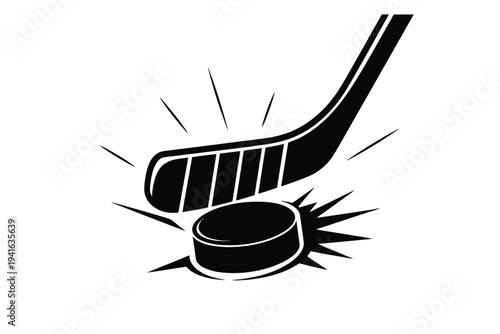Hockey stick hitting puck illustration, black and white sports graphic of stick striking puck isolated on white background for ice hockey action design.