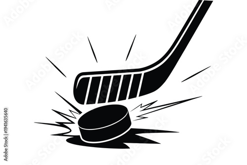 Hockey stick hitting puck illustration, minimalist black and white hockey sports graphic isolated on white background representing puck strike and game action.