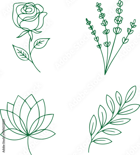 Minimalist botanical line art set with rose, lavender, lotus, and leaf branch icons