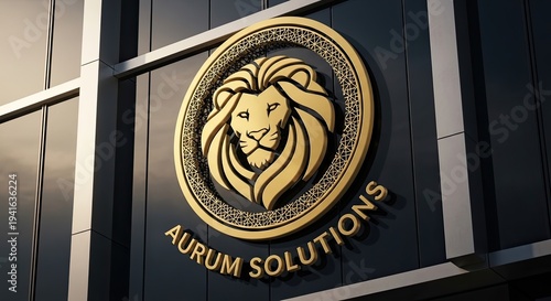 Golden lion logo on corporate building facade with aurum solutions text