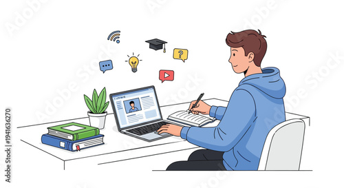 Vector illustration of a man studying online with laptop and books