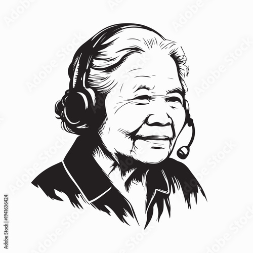Elderly Woman Wearing Headset For Online Communication Vector