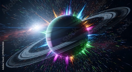 Celestial spectacle of a vibrant planet adorned with radiant rings and cosmic light beams