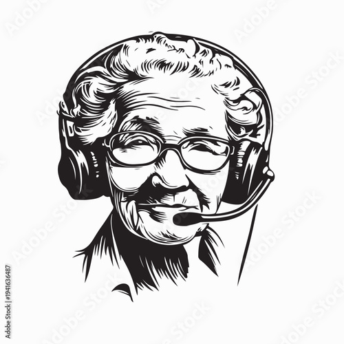 Elderly Woman In Headset Working Online Illustration Design