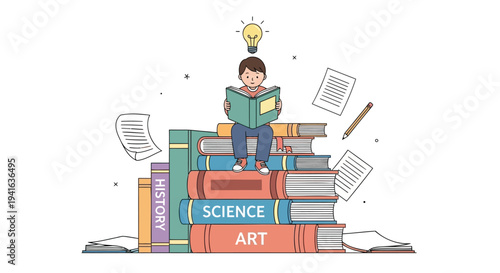 Vector illustration of a child sitting on stack of books with science, art, and other subjects