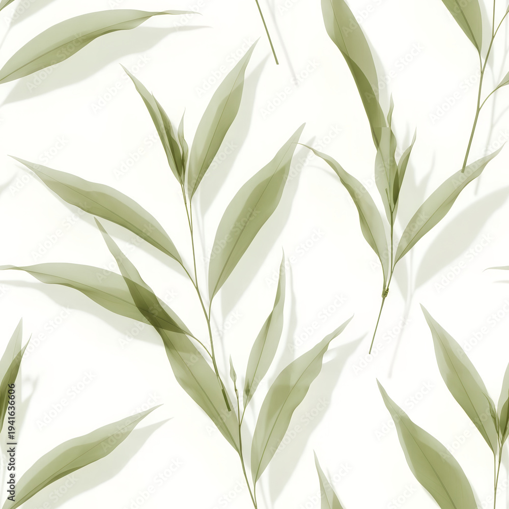 Fototapeta premium Abstract natural seamless pattern with pale green translucent leaves and branches on a white backdrop, delicate botanical pattern for design and decor textile or fabric.