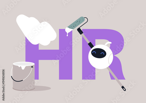 A determined robot paints over the H in the HR sign, symbolically replacing Human and hinting at automation quietly taking over the human resources department