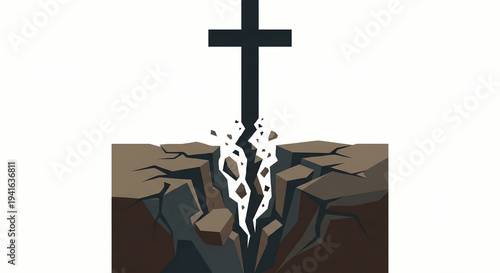 Christian cross breaking through the earth shattering stone Easter resurrection victory of life over death