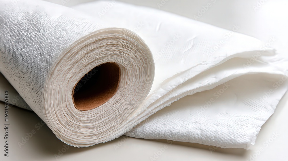 Fototapeta premium This stock photo features a roll of white paper towels partially unrolled, highlighting their soft texture, It is ideal for use in cleaning, home care, or kitchen supply promotions,