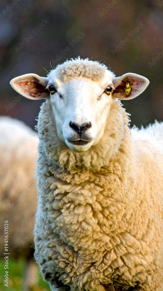 Fototapeta premium Up-close view of a sheep's face, fluffy white wool, yellow ear tag, blurred background