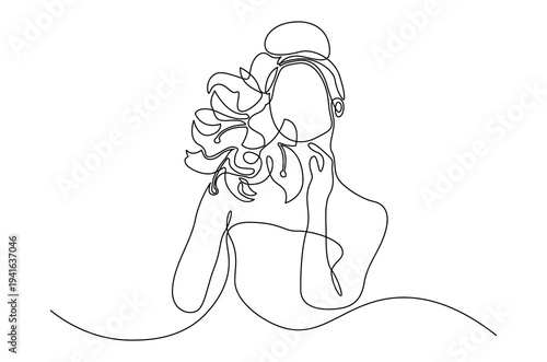 Continuous one line drawing of Beautiful woman with flowers. Single line drawing illustration of Beautiful woman with flower. International Women's Day concept vector art. Doodle line illustration.
