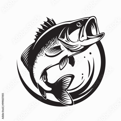 Creative Bass Fishing Sport Emblem With Water Splash Vector On White Background