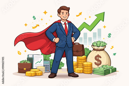 Superhero Businessman in Suit and Red Cape Standing Proudly with Financial Success Symbols, Money Bags, Gold Coins, and Rising Stock Market Growth Graph, Concept of Wealth and Career Achievement.