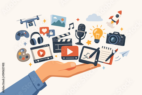 Content Creator Hand Holding Digital Media Icons for Video Production, Social Media Marketing, Blogging, Podcasting, Photography, Graphic Design, and Online Entertainment Creative Concept Vector