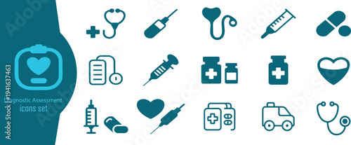 Clinical Diagnostic Instruments vector design Featuring Injection Capsule Thermometer Cardiac Pulse Indicator IV drip And 
Emergency Rescue Transport for Websites, Apps, Infographics, UI UX, Editable